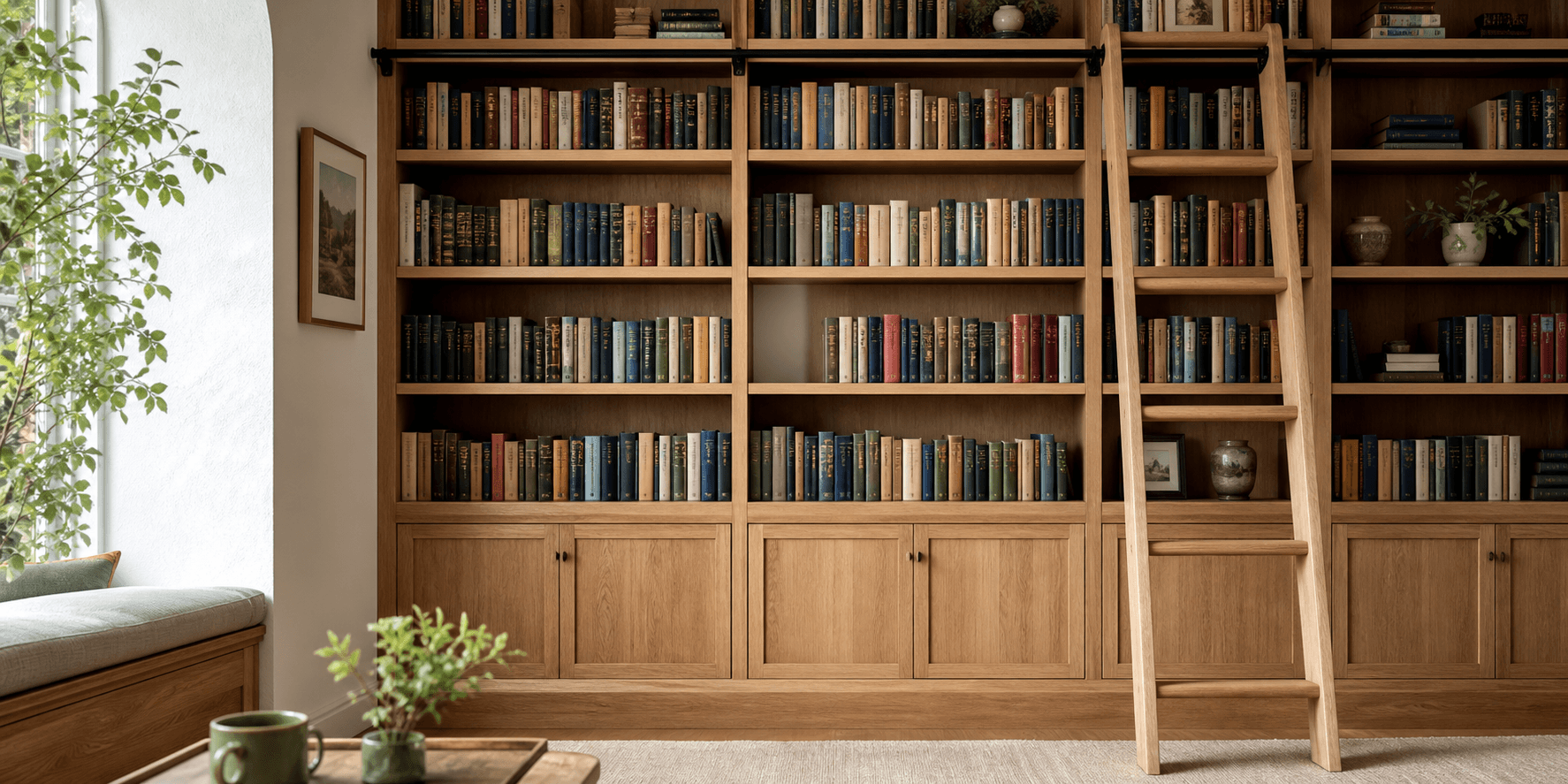 Sunlit home library with room for one more finished book