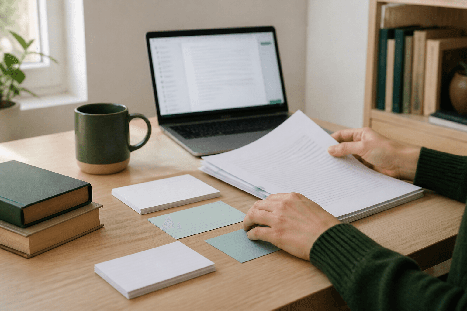 Writer organizing a manuscript and story cards at a bright desk